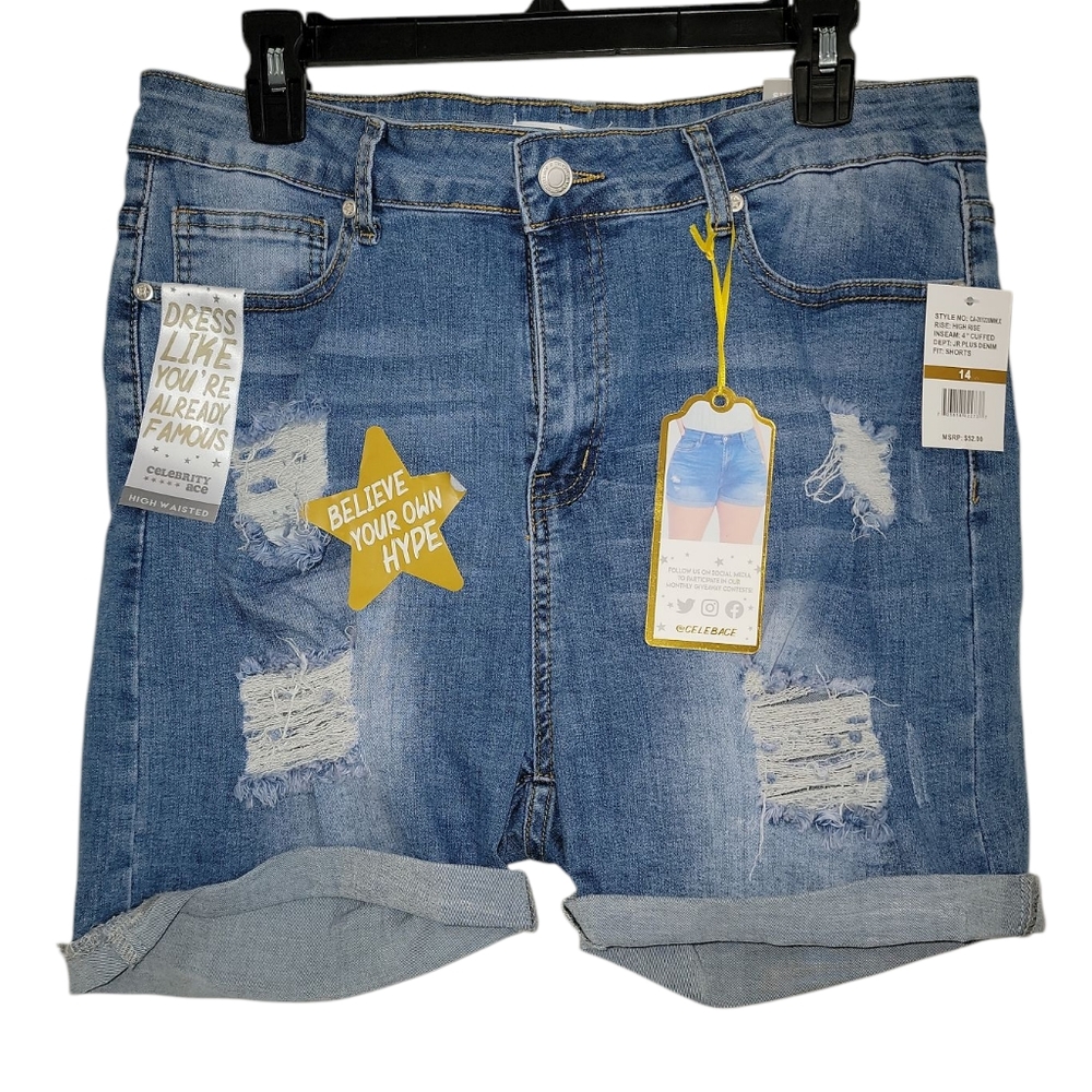 New With Tags Size 14 JR Plus Denim Blue Distressed Jean Shorts with Rolled Hems